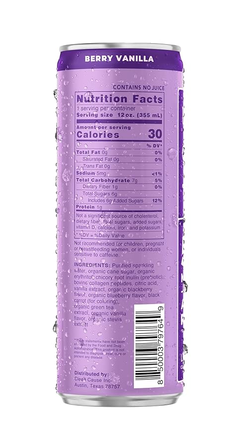 CLEAN Cause Berry Vanilla Sparkling Pick-Me-Up with Prebiotics &amp Collagen Peptides (12oz cans 12-Pack Case) Low Sugar 120mg Caffeine Healthy Alternative to Soda &amp Energy Drinks.