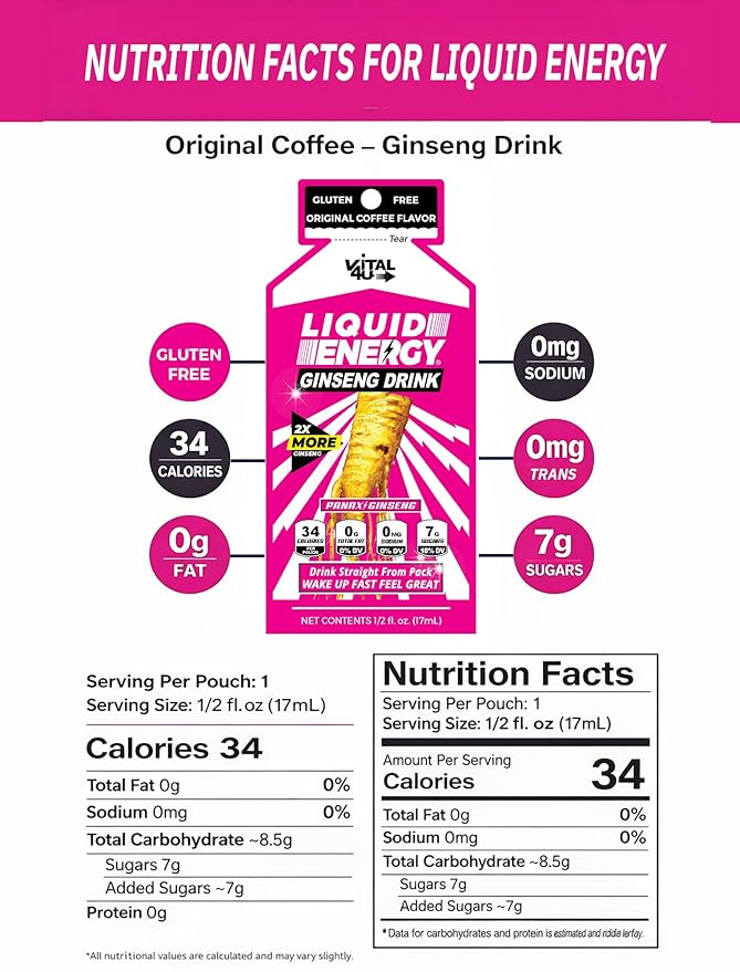 Vital 4U Liquid Energy Shot - Ginseng B Vitamins Naturally Sweetened Coffee Flavor 24 ct