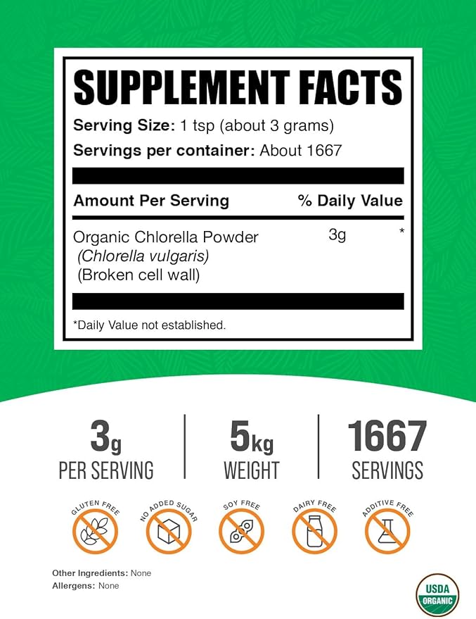 BulkSupplements.com Organic Chlorella Powder - Broken Cell Wall Green Superfood Powder Chlorella Supplement - Gluten Free 3g per Serving 5kg (11 lbs) (Pack of 5)