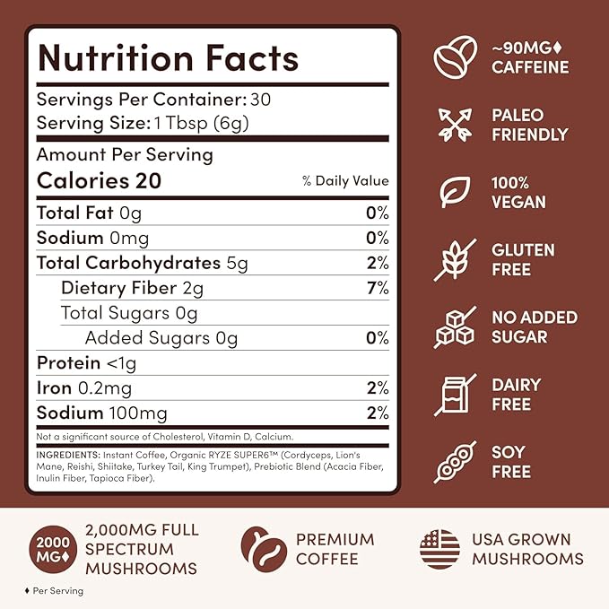 RYZE SUPERFOODS Mushroom Dark Roast Coffee Starter Kit Instant Coffee with 6 Adaptogenic Mushrooms and Better Energy Focus Digestion Immunity with Lions Mane &amp Turkey Tail 30 Serving Each