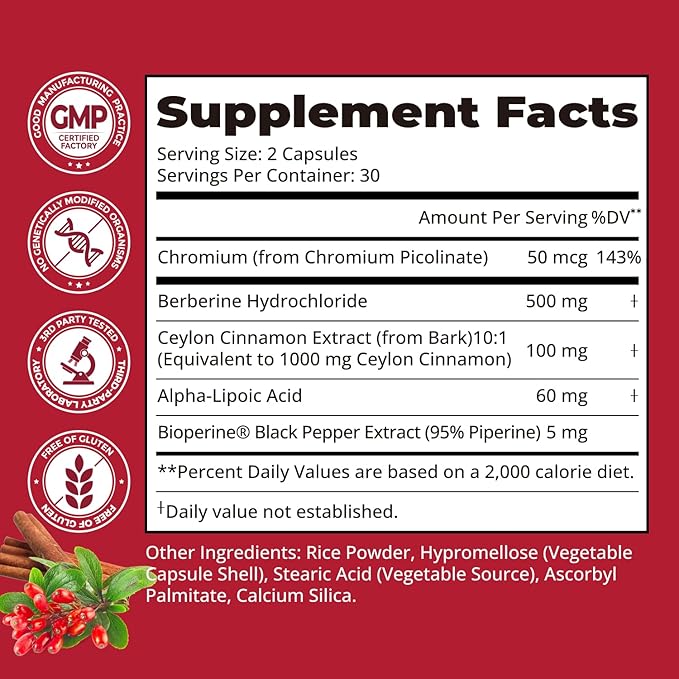 30-Day Supply Berberine 1600mg Berberine with Ceylon Cinnamon for Blood Sugar Cholesterol &amp Metabolism* | Gluten-Free Non-GMO &amp Vegan Berberine Supplement | 60 Capsules