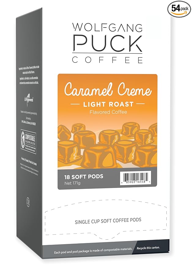 Wolfgang Puck Coffee Caramel Creme 9.5 Gram soft Pods 18 Count (Pack of 3)
