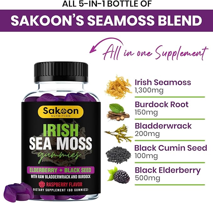 Sakoon nutrition Irish Sea Moss Gummies with Elderberry &amp Black Seed Oil - Overall Wellness Support | Rich in Vitamins Raspberry Flavor | 60 Gummies