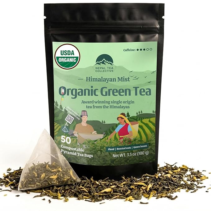 NEPAL TEA Organic Green Tea Bags from the Himalayas - 50 Pyramid Tea Bags Single Origin from a Family Farm - Green Tea Bags with Loose Leaf Tea Inside (Himalayan Mist)