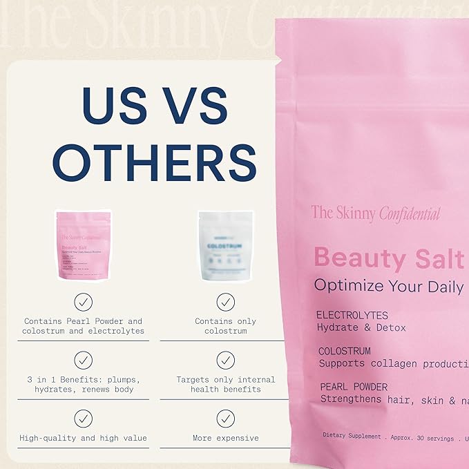The Skinny Confidential Beauty Salt Hydration Powder with Grass-Fed Colostrum Electrolytes &amp Pearl Powder to Support Immunity &amp Digestive Health - Supports Glowing Hydrated Skin &amp Radiant