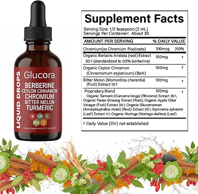 Glucora Berberine Drops | 10-in-1 Herbal Formula | Sugar-Free Vegan Liquid Supplement | 2 fl oz