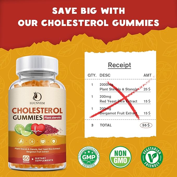(2 Pack) Cholesterol Supplements Gummies for Cholesterol Healthy Plant Sterols &amp Stanols Red Yeast Rice Citrus Bergamot Complex for Cholesterol Maintain Healthy Cholesterol Levels - 60 Day Sup