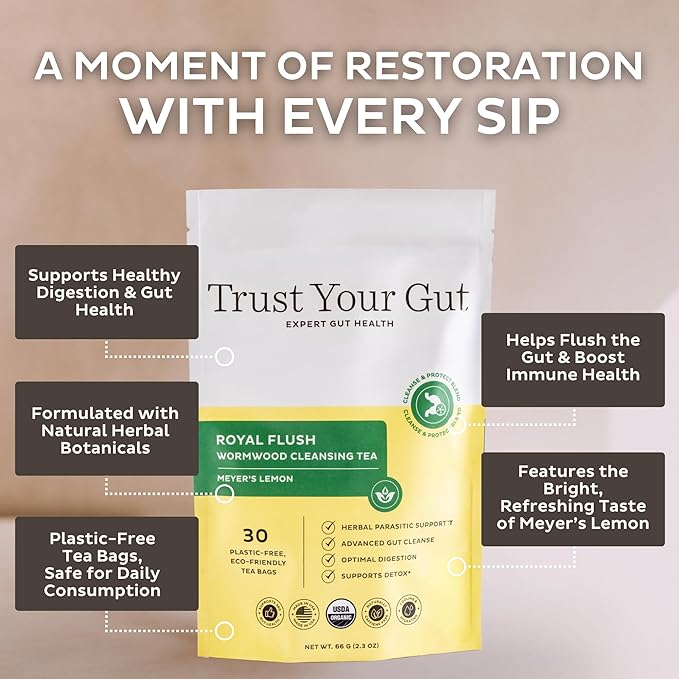 Trust Your Gut Organic Herbal Tea - Royal Flush Mugwort Wormwood Mullein Leaf Blend Caffeine-Free Liver &amp Digestive Wellness Support - Meyers Lemon 30 Plastic-Free Bags 2.33 oz