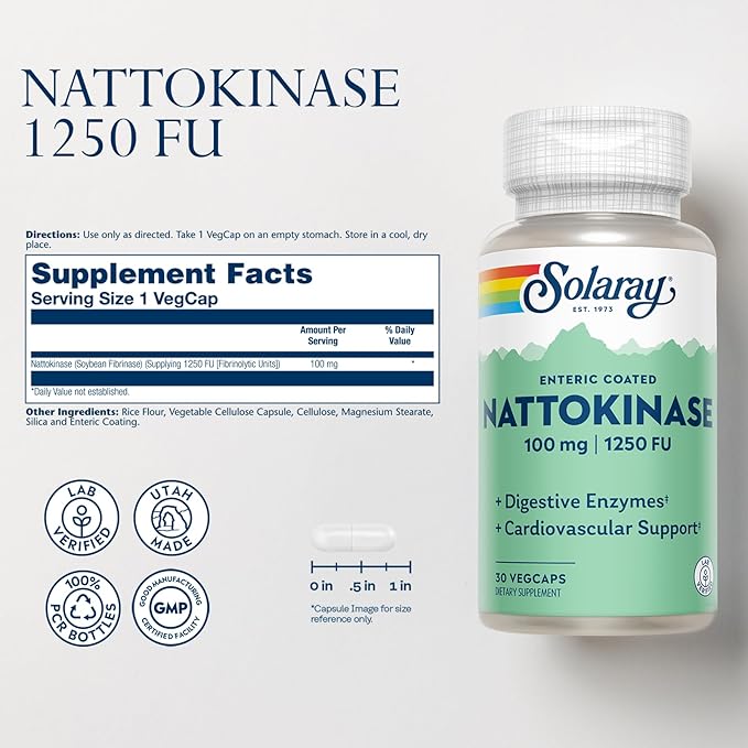 SOLARAY Nattokinase Supplement 1250 FU for Men &amp Women - Digestive Natto Enzymes Heart Health &amp Circulation Support Nattokinase Capsules 100 mg Enteric Coated - 30 Veg Caps