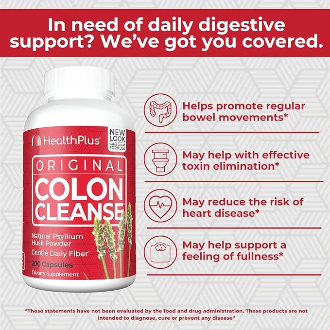 Health Plus Colon Cleanse Digestive Support | All Natural Daily Fiber for Toxin Elimination To Reduce Bloating | Supports Heart Health | 200 Capsules 33 Servings