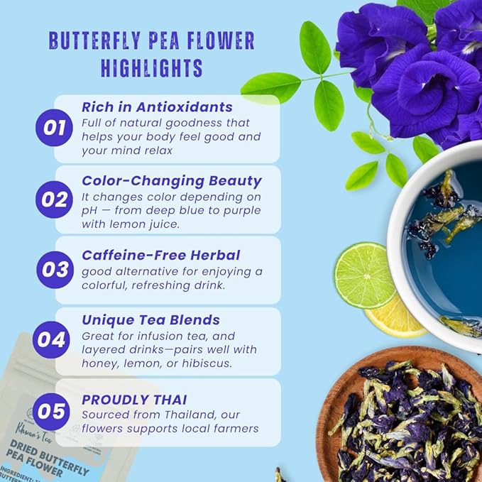 KHWAN'S TEA Dried Butterfly Pea Flowers Blue Tea Clitoria Ternatea Flower Herbal Tea Caffeine Free Vegan Plant Based 3.53 oz (100g)
