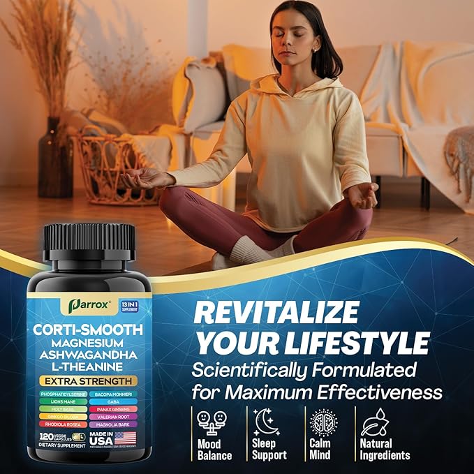 Corti-Smooth Cortisol Supplement Magnesium L-Theanine Ashwagandha Magnolia Bark Panax Ginseng Bacopa Monnieri GABA Lions Mane Ginkgo Biloba Phosphatidylserine Valerian Root (120 Caps)