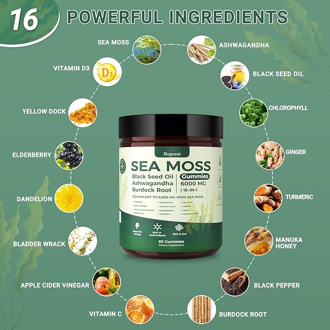 Sea Moss Gummies 16-1 Black Seed Oil Ashwagandha Turmeric Bladder Wrack Vitamin C Vitamin D3 Elderberry Manuka Dandelion Yellow Dock Apple Cider Vinegar for Men &amp Women
