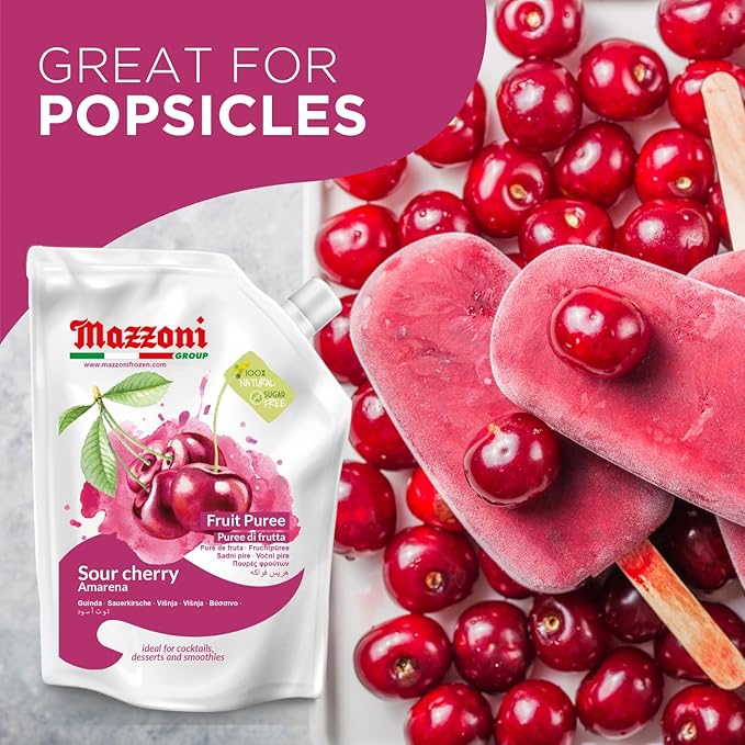 Mazzoni - Cherry Puree 100% Italian Pure Sour Cherry (Amarena) Juice Just Fruit No Sugar Added Real Fruit Mixer for Cocktails Drinks Smoothies - 2.2 lb Convenient Pouch Made in Italy