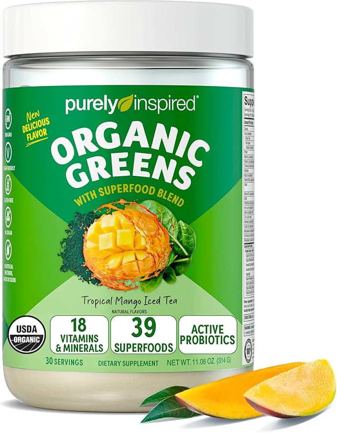 Purely Inspired Organic Green Powder Smoothie Mix Tropical Mango Iced Tea Flavor (30 Servings) - Probiotics for Digestive Health with Spirulina &amp Chlorella for Gut Health - Vegan