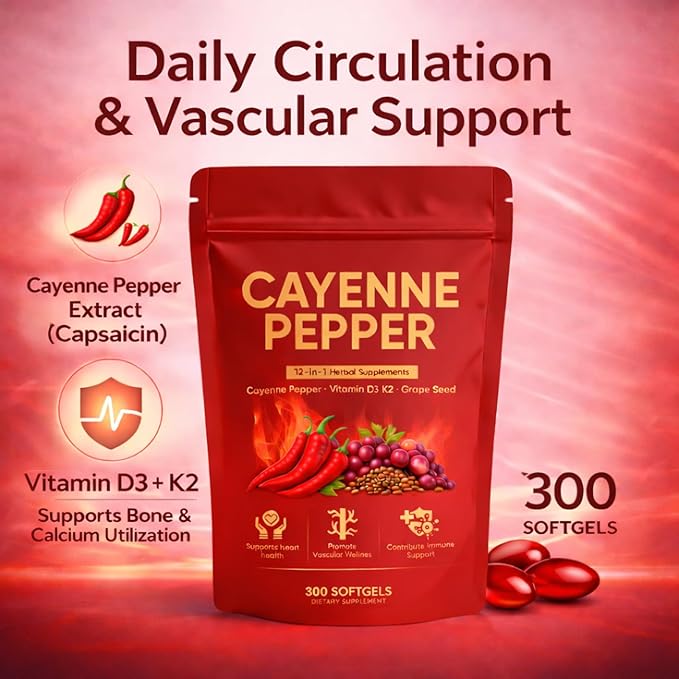 Cayenne Pepper Softgels Organic Cayenne Pepper Capsules with Vitamins D3 K2 Grape Seed Beet Root Capsaicin Supplements Supports Heart and Blood Vessel Health Non-GMO 300 Softgels