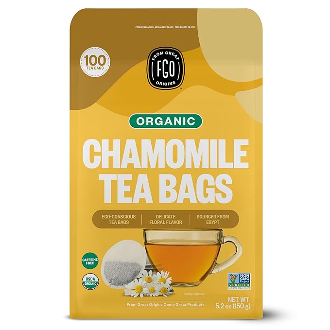 FGO Organic Chamomile Tea 100 Eco-Conscious Tea Bags Caffeine Free Resealable Bag Packaging May Vary (Pack of 1)