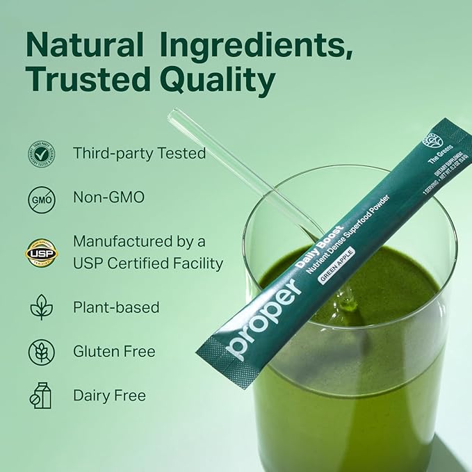 Proper The Greens Daily Boost Organic Greens Powder. Whole Food Apple Flavor Veggie Powder Superfood with Wheatgrass Spirulina Chlorella Probiotics. Daily Drink Mix for Wellness and Digestion