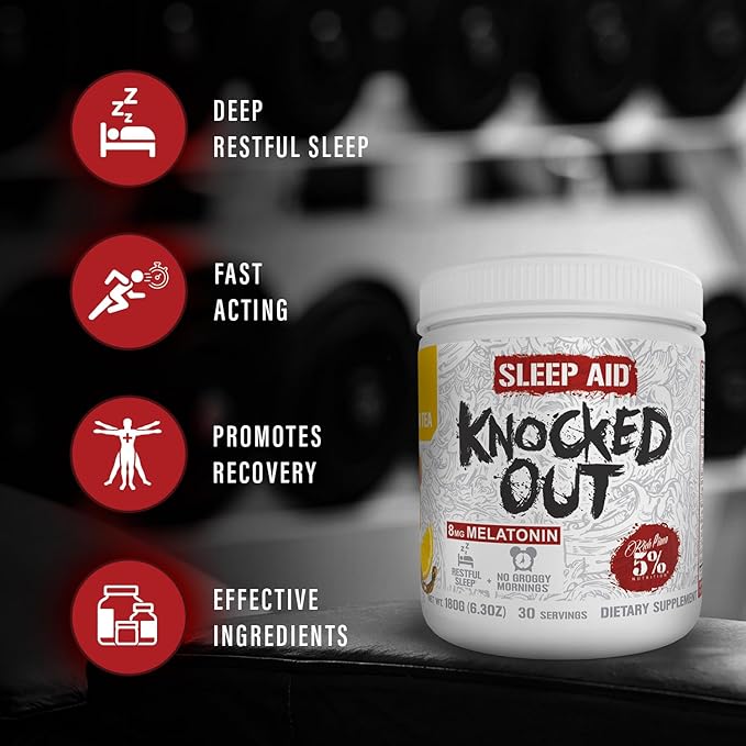 5% Nutrition Rich Piana Knocked Out Natural Sleep Aid Powder | Post-Workout Recovery &amp Deep Sleep Supplement | GABA Melatonin Chamomile Tyrosine 5-HTP &amp More | 30 Servings (Honey Lemon Te