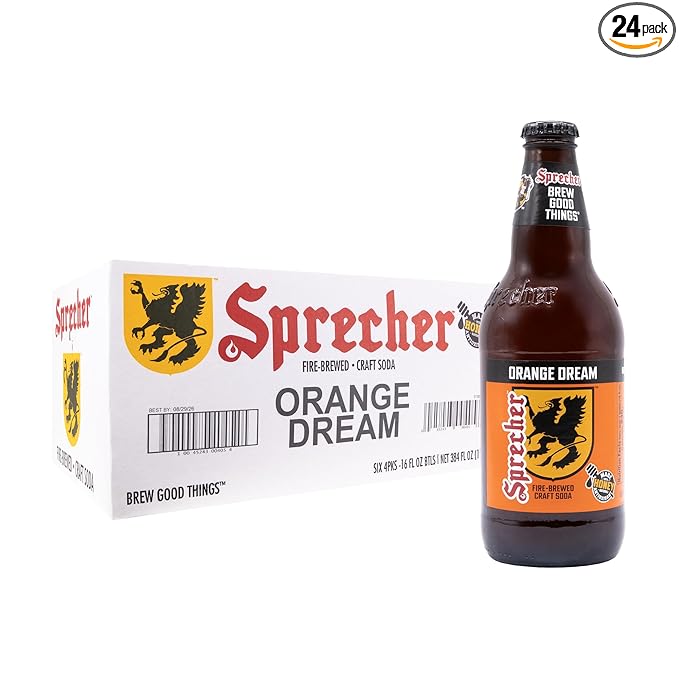 Sprecher Orange Dream Soda in 16 fl oz Glass Bottles (24 Pack) Fire-Brewed Craft Orange Soda Made with Real Honey Handcrafted Orange Cream Soft Drink