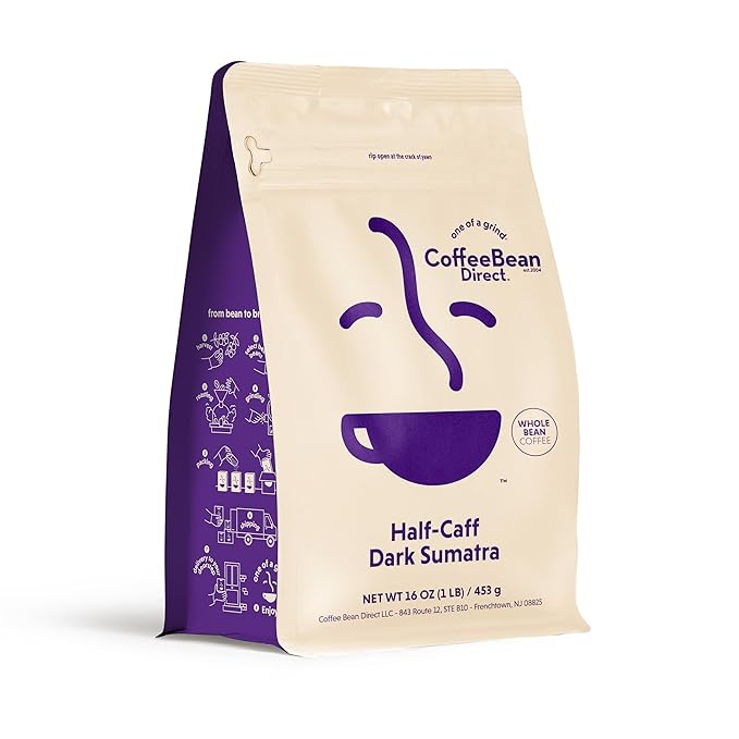 Coffee Bean Direct Half-Caff Dark Sumatra Whole Bean Coffee Dark Roast 1 Pound Bag (Pack of 1)