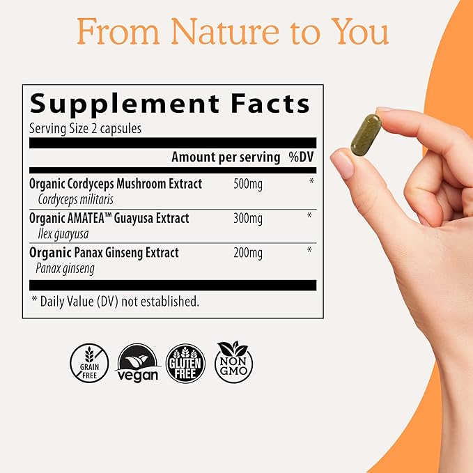 Real Mushrooms RealBoost Capsules – Cordyceps Mushroom Panax Ginseng &amp Guayusa Extract – for Overall Wellness &amp Energy Support – Vegan Non-GMO No Fillers – 60 Count Mushroom Supplement Blen