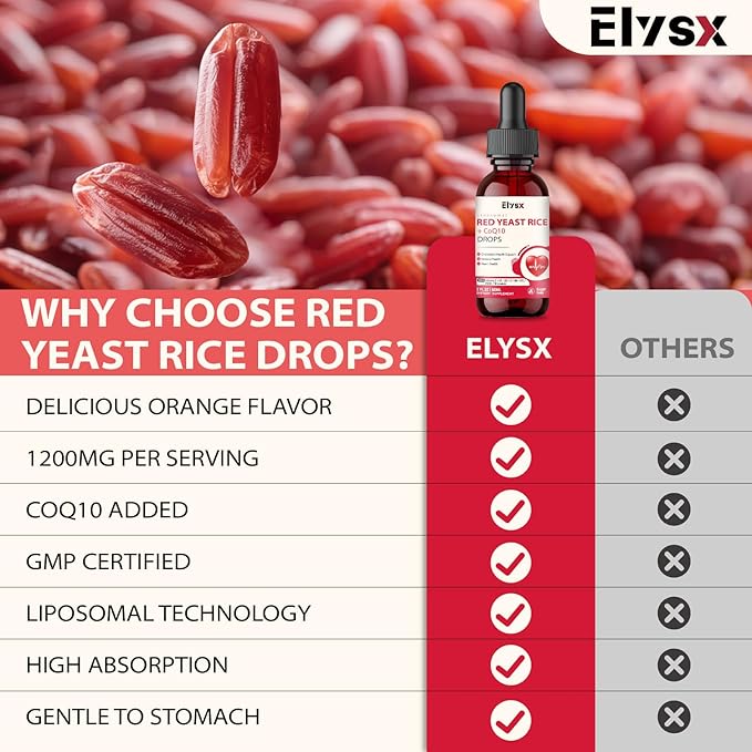 Liposomal Red Yeast Rice with Coq10 Liquid Drops Red Rice Yeast for Cholesterol Health Immune &amp Heart Support with Biotin Bromelain &amp Vitamins 2 FL OZ