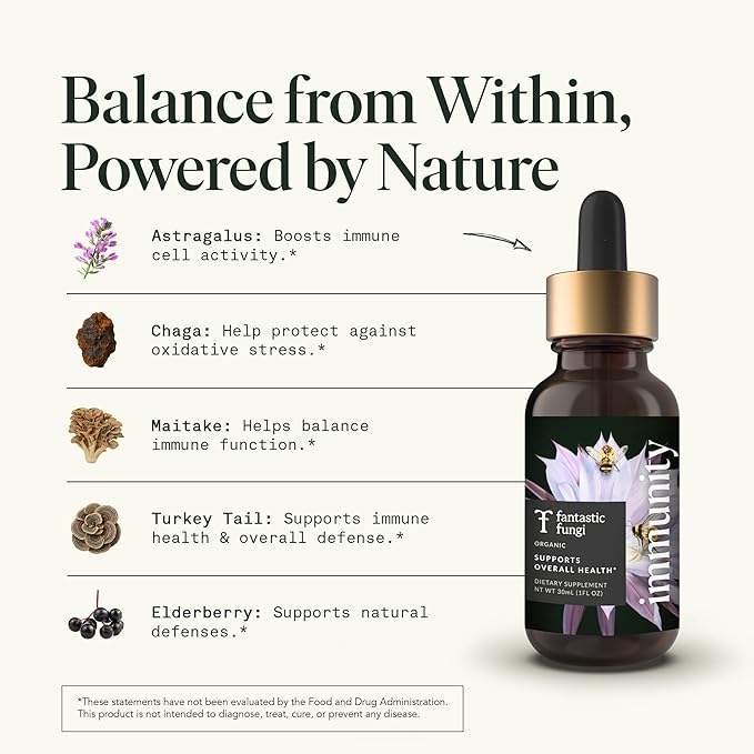 Fantastic Fungi Mushroom Extract Drops - Immunity Elixir with Turkey Tail Mushroom Extract Maitake Elderberries Chaga &amp Astragalus - 5-in-1 Organic Immune Support Supplement 30 Servings 1 fl