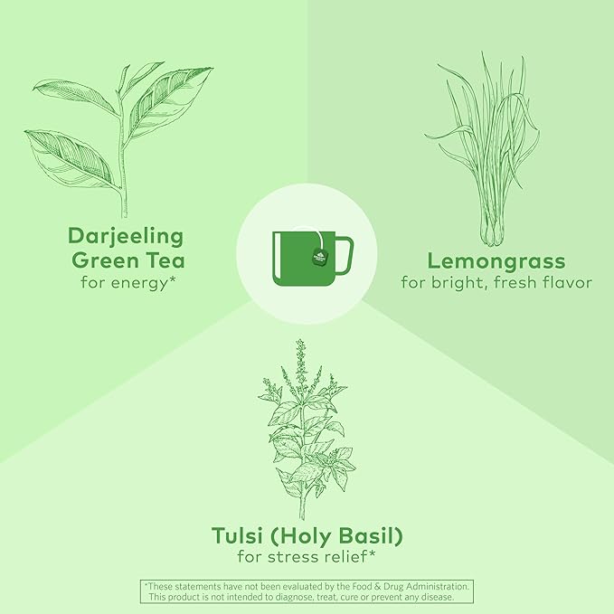 Organic India Tulsi Green Tea Bags - Holy Basil Tea African Basil Stress Relieving Immune Support USDA Certified Organic Premium Darjeeling Green Tea Caffeinated - 18 Infusion Bags 6 Pack