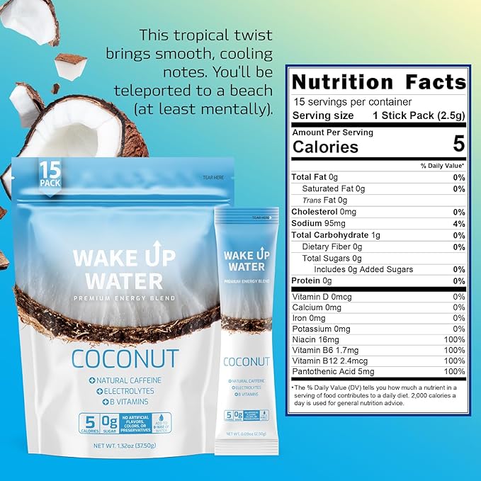 Wake Up Water Energy Drink Mix Sugar Free Clean Energy Powder with Electrolytes &amp B Vitamins Natural Caffeine for Focus &amp Hydration (15 Pack) - Coconut