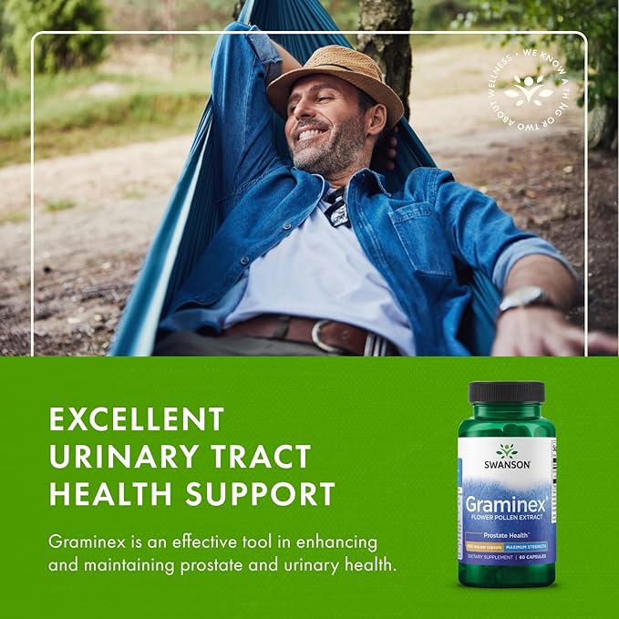 Swanson Maximum Strength Graminex Flower Pollen Extract - Supports Prostate Health Urinary Tract Function and Kidney Health - Mens Health Supplement - (60 Capsules 500mg Each) (2 Pack)