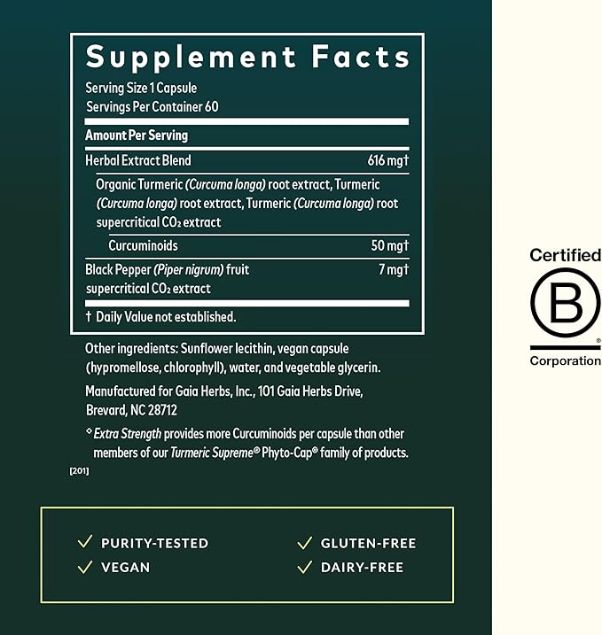 Gaia Herbs Turmeric Supreme Extra Strength - Supports Occasional Discomfort from Normal Wear &amp Tear* - with Turmeric Curcumin &amp Black Pepper - 60 Vegan Liquid Phyto-Caps (Up to 60 Servings)