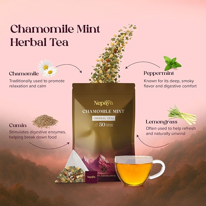 Chamomile Mint Herbal Tea Bags Relaxing Bedtime Blend with Lemongrass Peppermint Pyramid Tea Bags Fennel &amp Peppermint Caffeine Free Teabags Hot or Ice Tea 50 Biodegradable Tea Bag