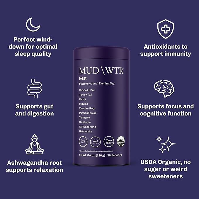 MUD\WTR Rest Evening Mushroom Blend Powder | 2240mg Adaptogenic Mushroom Tea | Sleep Support Wind Down &amp Relaxation Tea | USDA Organic &amp Vegan | Turkey Tail Reishi Ashwagandha | 30 Serving