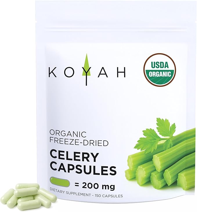 KOYAH - Organic Celery Capsules – 200 mg Freeze-Dried Whole-Stalk Powder (Equals 4200 mg Fresh) – 150 Vegan Capsules – No Binders or Fillers – USDA Organic Non-GMO Gluten-Free