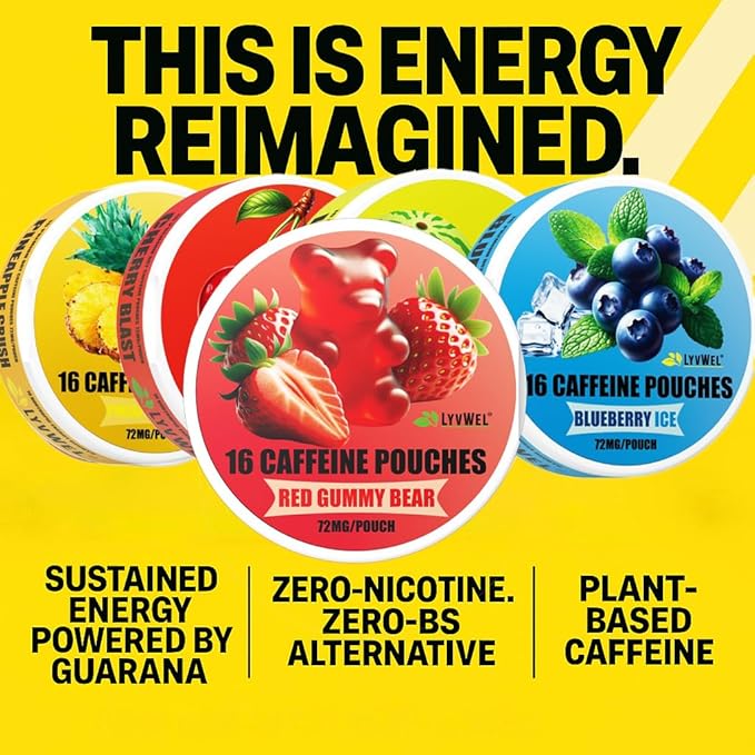 LyvWel 72mg Caffeine Energy Pouches – Mango Crush – Tropical Clean Energy with Guarana – 5-Pack (80 Total Pouches)