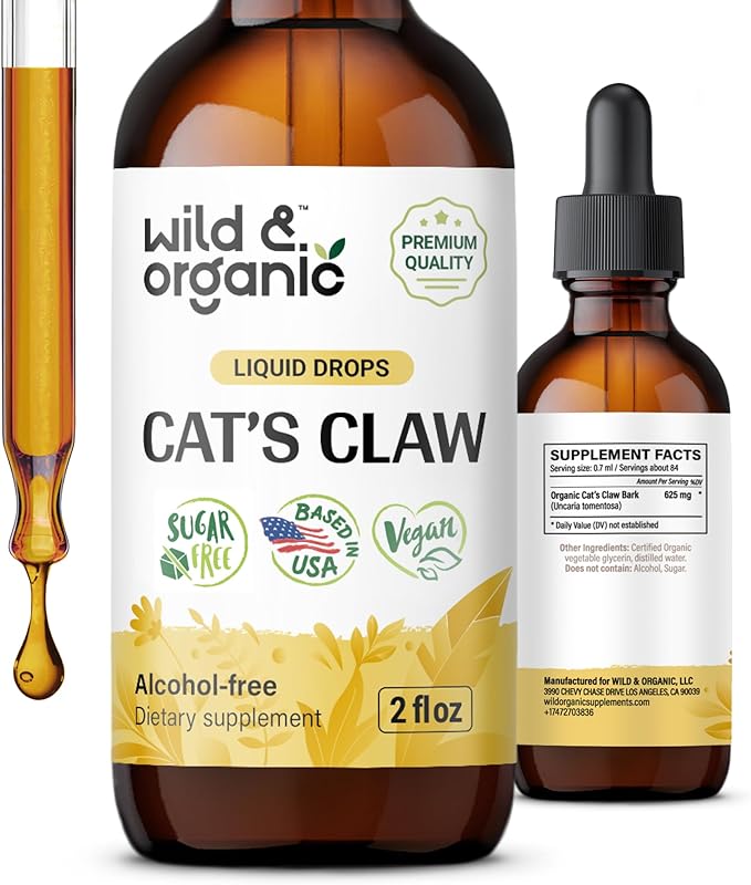 Wild &amp Organic Cats Claw Herb Supplement - Immune Support - Cats Claw Bark Tincture - Add to Tea Liquid Drops - Uncaria Tomentosa Extract - Vegan Sugar &amp Alcohol-Free - 2 fl oz