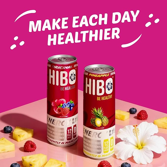 HIBO Healthy Energy Drinks Sugar Free – Gluten-Free &amp Gut-Friendly Prebiotic Fiber w/ 140mg Caffeine &amp 60mg Green Coffee Extract Electrolytes – Supports Immunity &amp Focus - Pack of 12 Che