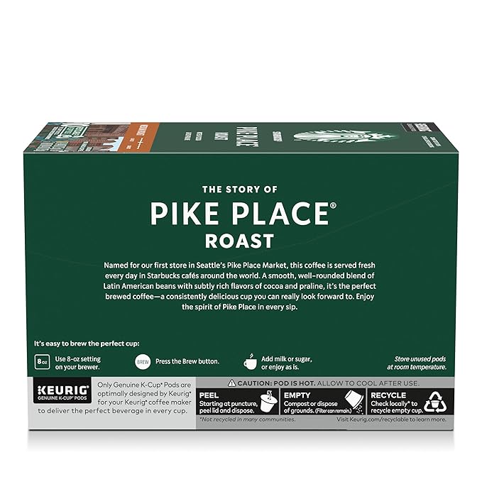 Starbucks K-Cup Coffee Pods Medium Roast Hot or Iced Coffee Pike Place Roast 10 Keurig Pods