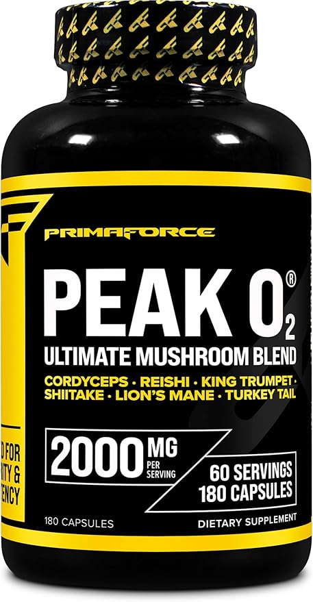 Primaforce Peak O2 Performance Mushroom Powered Oxygen Absorption Booster (180 Capsules) (2000 mg Per Serving 60 Servings) - Athletic Performance Supplement Ultimate Mushroom Blend