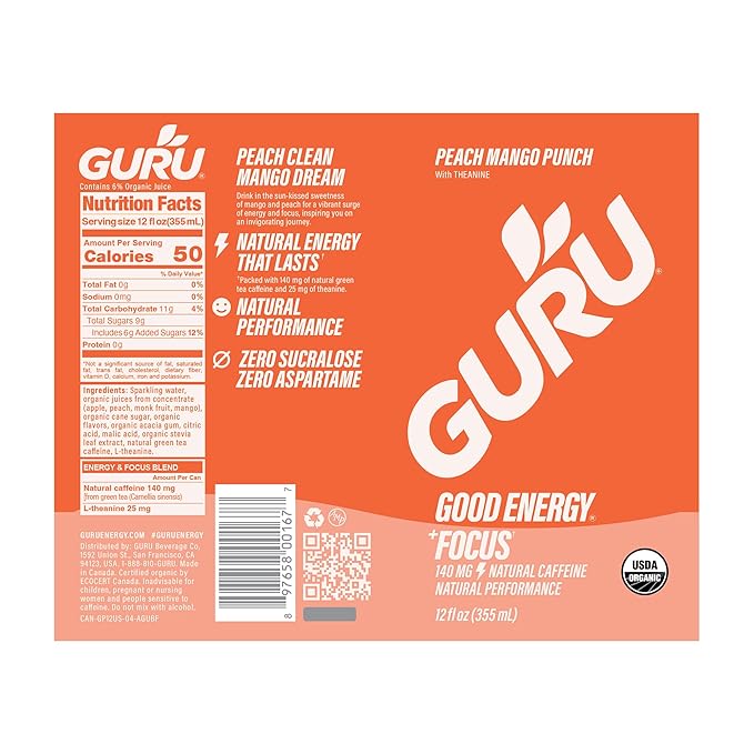 GURU Peach Mango Punch Organic Energy Drinks Clean Energy Drink with Plant Based Natural Caffeine from Green Tea + Focus with L Theanine Gluten Free and Vegan 140MG Caffeine 12oz (Pack of 24)