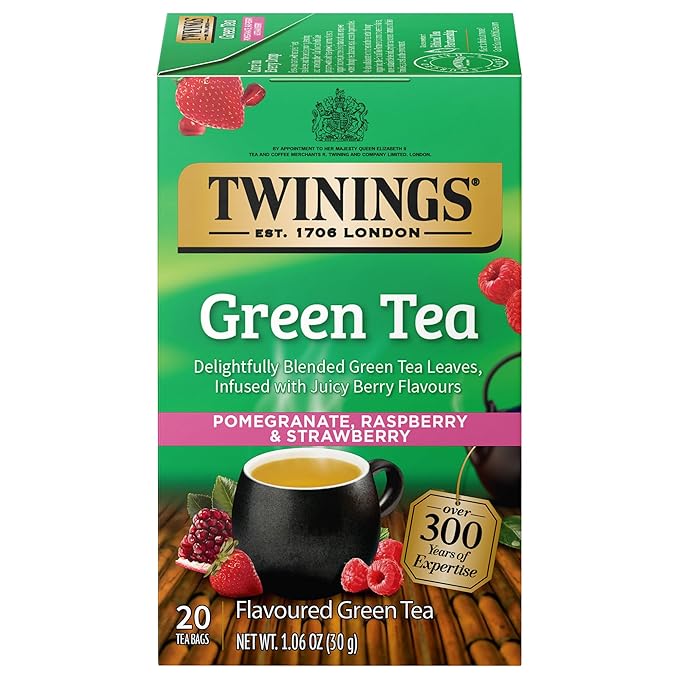 Twinings Green Tea with Pomegranate Raspberry &amp Strawberry Individually Wrapped Bags 20 Count (Pack of 1) Caffeinated Enjoy Hot or Iced 20 Teabags