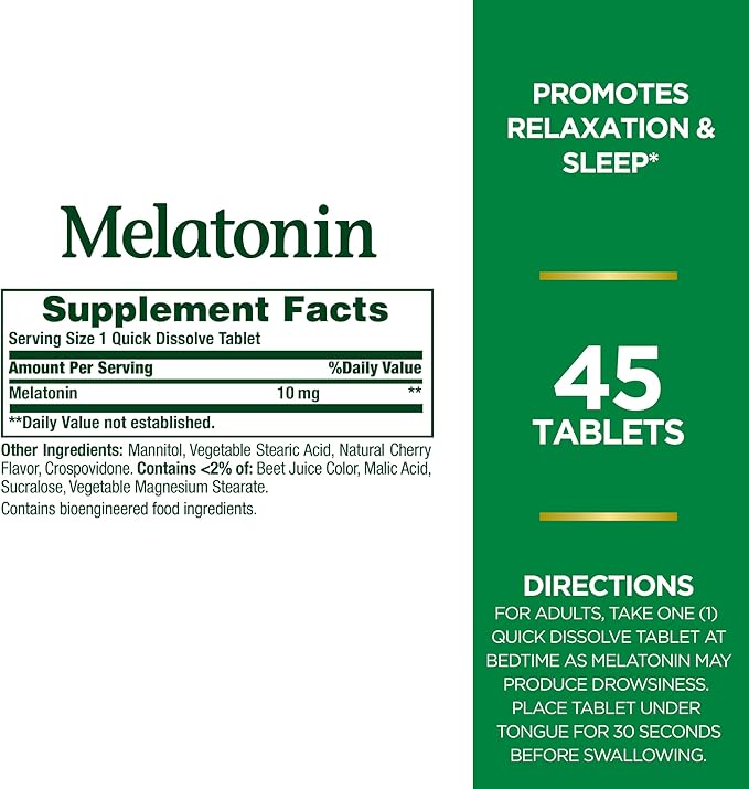 Nature's Bounty Melatonin 100% Drug Free Sleep Aid Dietary Supplement Promotes Relaxation and Sleep Health 10mg 45 Quick Dissolve Tablets (Pack of 2)