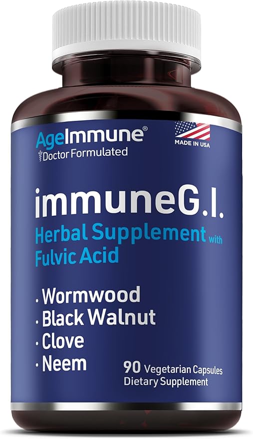 AgeImmune ImmuneG.I. Wormwood Black Walnut Clove Neem Fulvic Acid- Intestinal Cleanse Formula Doctor Formulated to Support Gut Health and Detox - No Stearates No Dioxides – 90 Capsules