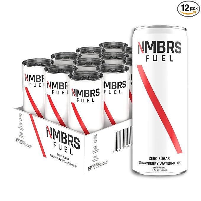 NMBRS Fuel Energy Drink 12 Fl Oz (Pack of 12) - Strawberry Watermelon - Sugar Free with Organic Natural Flavors Organic Green Tea Caffeine and Natural L-Theanine
