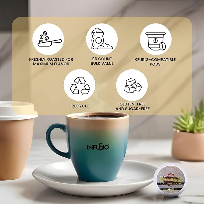InfuSio Coffee Pods – 96 Count Coconut Mocha (Flavored Coffee) Single Serve Coffee Pods for Keurig K Cup® Brewers Compatible with Keurig 2.0 Brewers