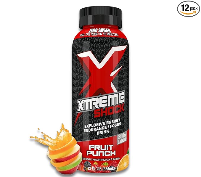 Xtreme Shock RTD Pre-Workout Energy Drink Fruit Punch 12 Fl Oz (Pack of 12)