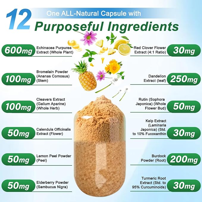1540mg Lymphatic Drainage Supplements Lymph System Support Supplement for Women Men with Dandelion | Cleavers | Burdock | Echinacea | RutinReduce Swelling Lymphatic Cleanse &amp Detox 60 Capsules