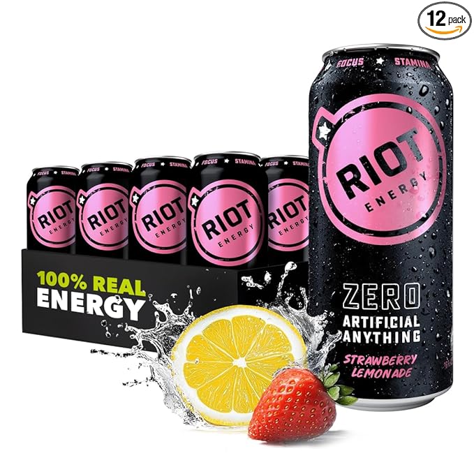 RIOT Clean Energy Drink – Strawberry Lemonade | No Sucralose No Sugar Added No Artificial Flavors | 160mg Natural Caffeine + 100mg L-Theanine | Clean Focus Stamina &amp Energy | 16 Fl Oz (Pack of