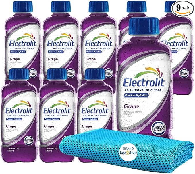 Electrolit Grape Hydration Drink With Electrolytes 21 fl oz Plastic Bottles 9 Pack + 1 Microfiber Cooling Towel by KOOL8SHOP Infinite Deals